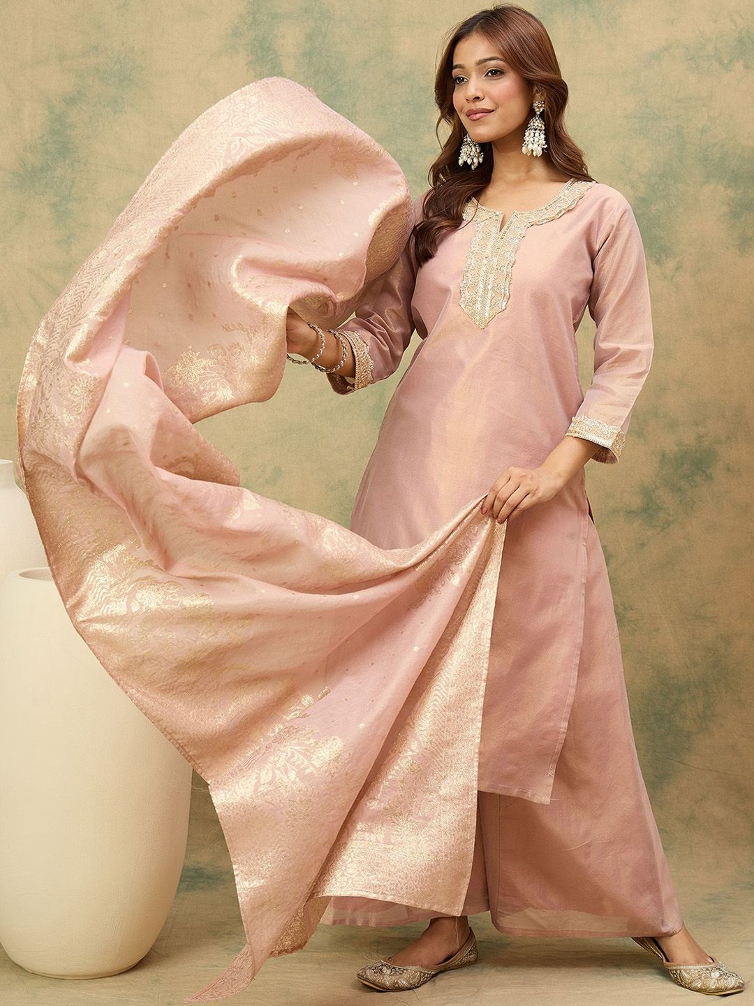 Dhiyona VA Women'sEthnic Motifs Yoke Design Notch Neck Straight Kurta With Palazzos & Dupatta