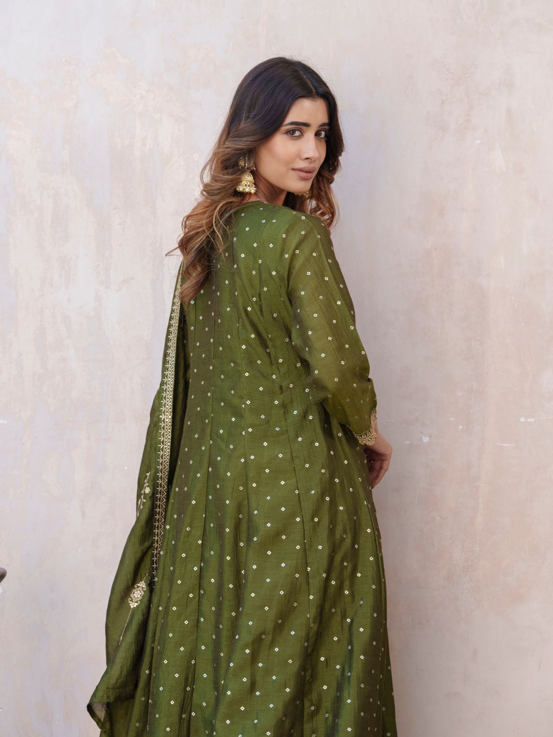 Dhiyona PD Women Bandhani Printed Panelled Anarkali Kurta With Trouser & Dupatta