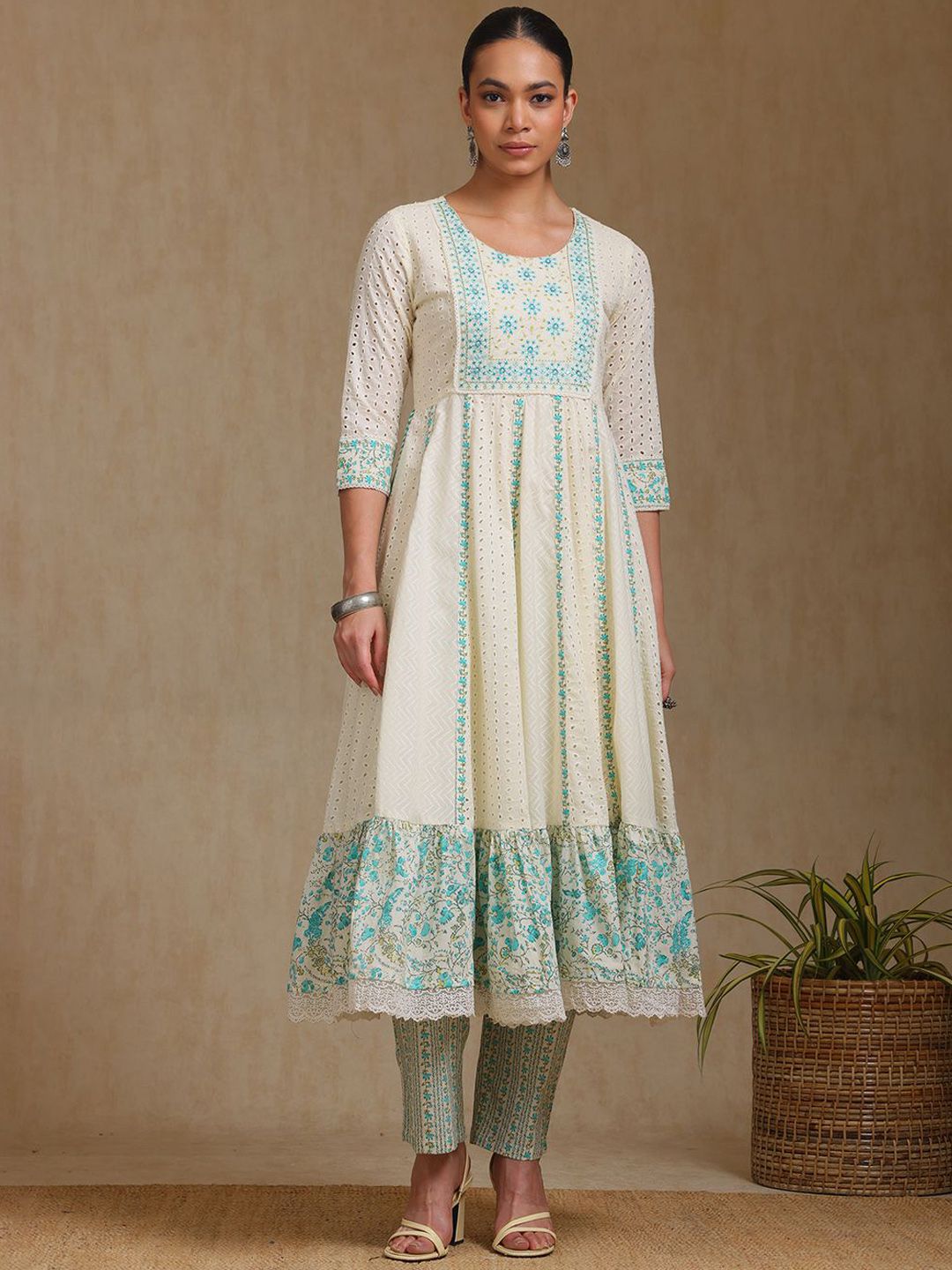 Dhiyona SO Women's Floral Self Design Panelled Thread Work A-Line Kurta With Trousers & Dupatta