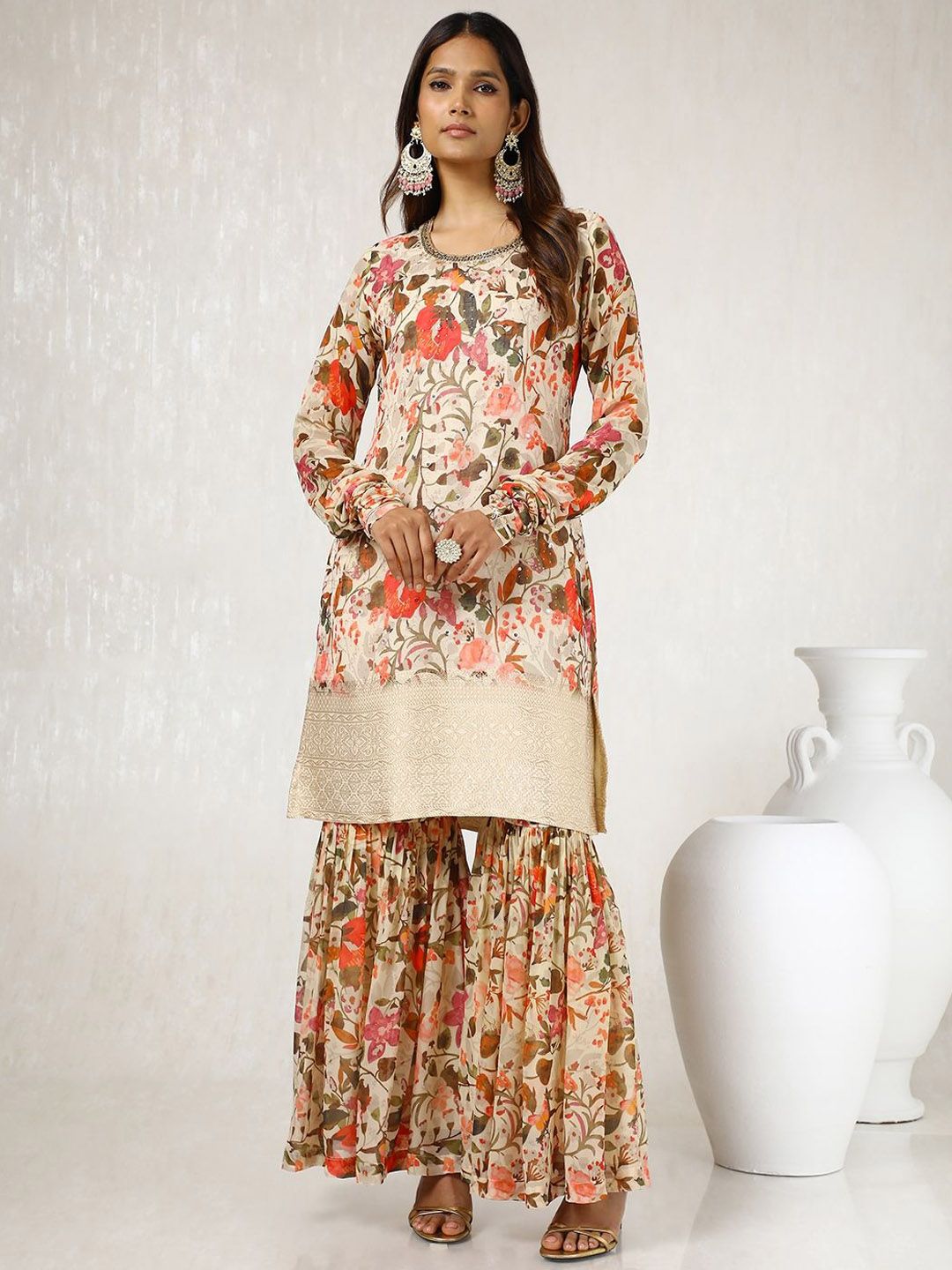 Dhiyona SO Women's Floral Printed Straight Kurta with Sharara & Dupatta