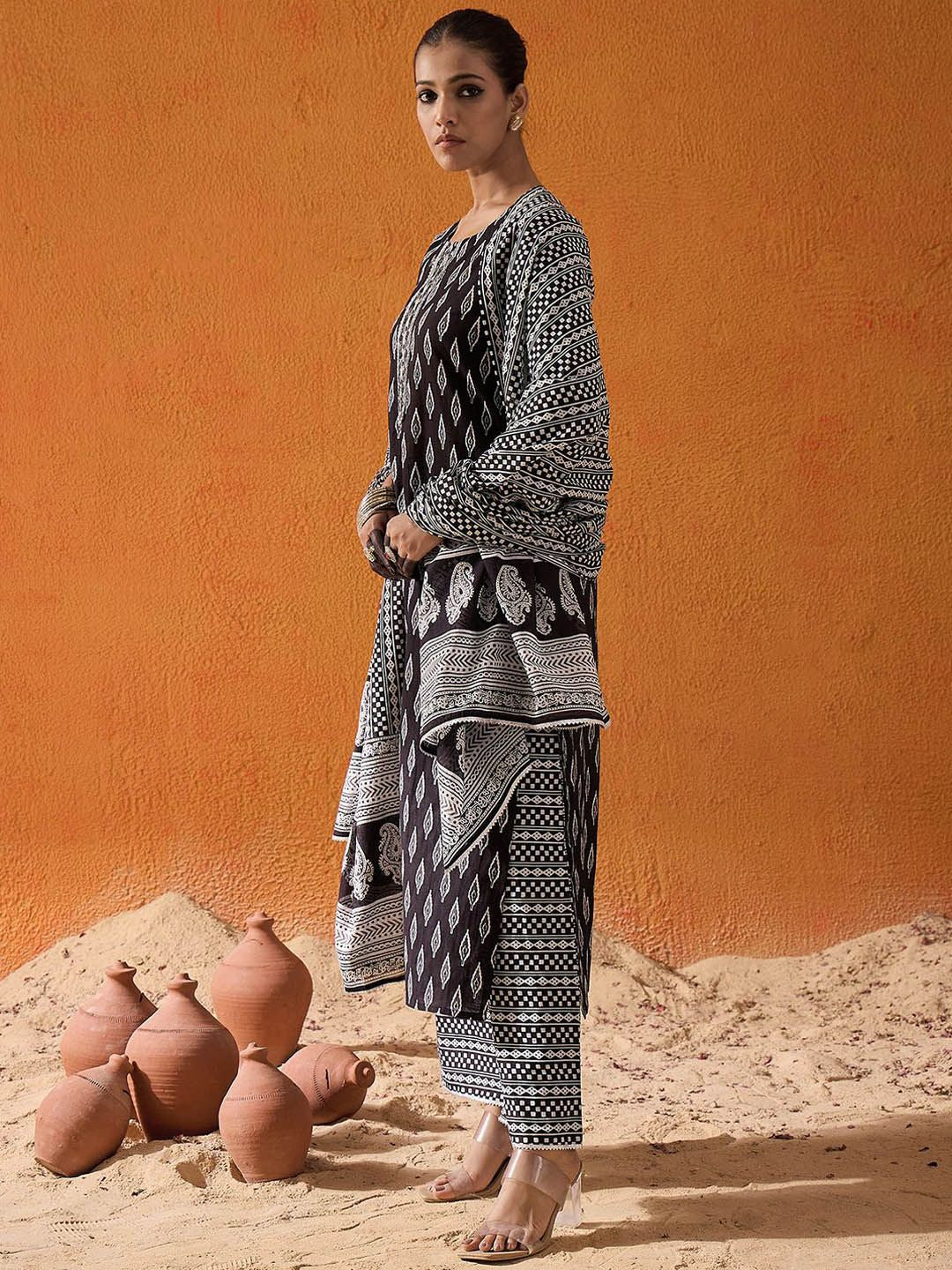 Dhiyona IE Geometric Printed Mirror Work Pure Cotton Straight Kurta With Palazzos & Dupatta