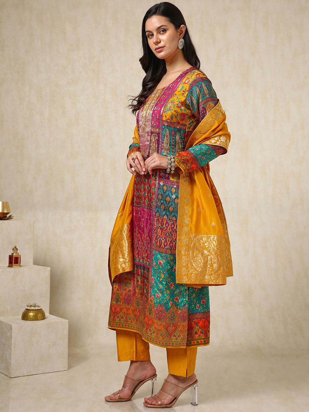 Dhiyona SO Women's Ethnic Motifs Printed Mirror Work Straight Kurta With Trouser & Dupatta