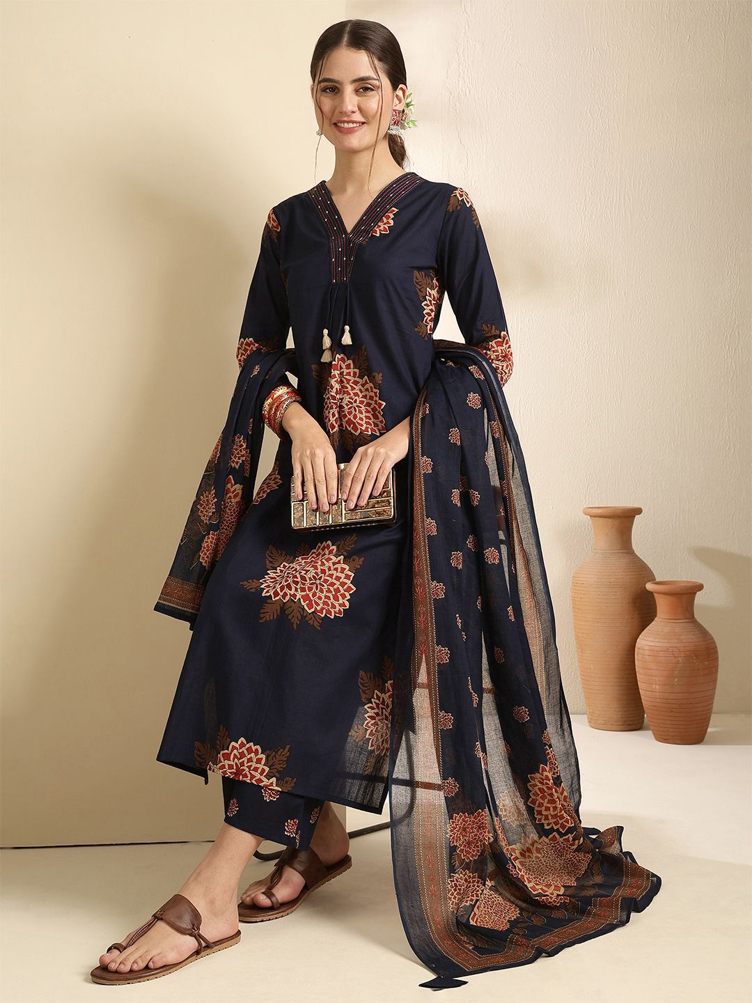 Dhiyona SN Women's Floral Printed Pure Cotton V-Neck Straight Kurta With Trouser & Dupatta