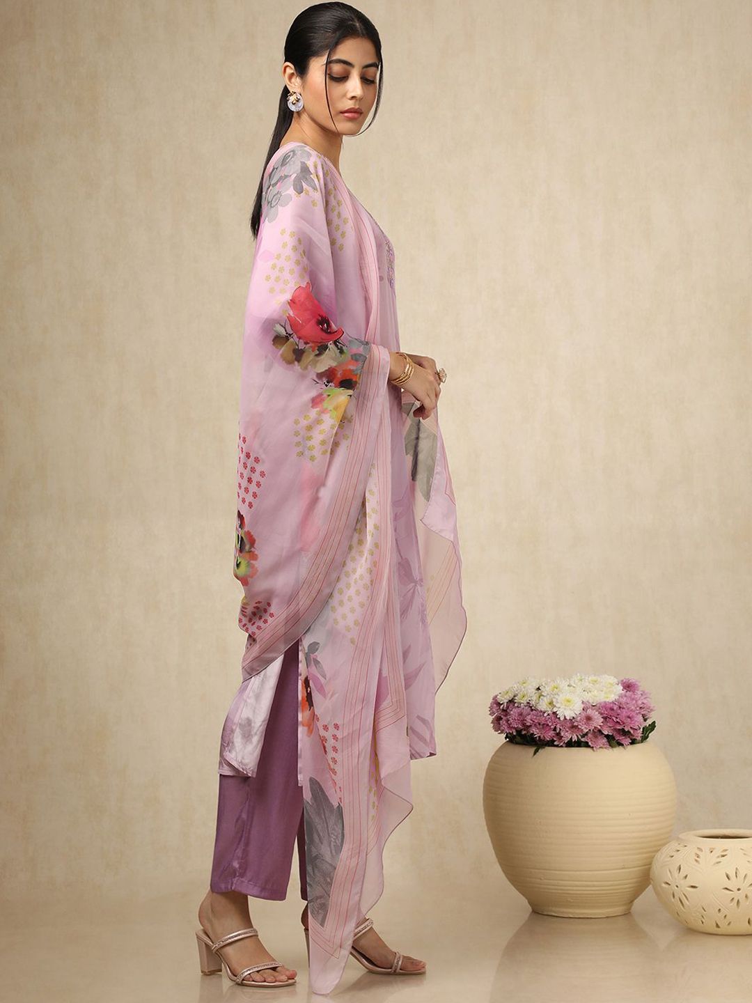 Dhiyona SO Women's Floral Printed V Neck Thread Work Silk Crepe Kurta With Trousers & Dupatta