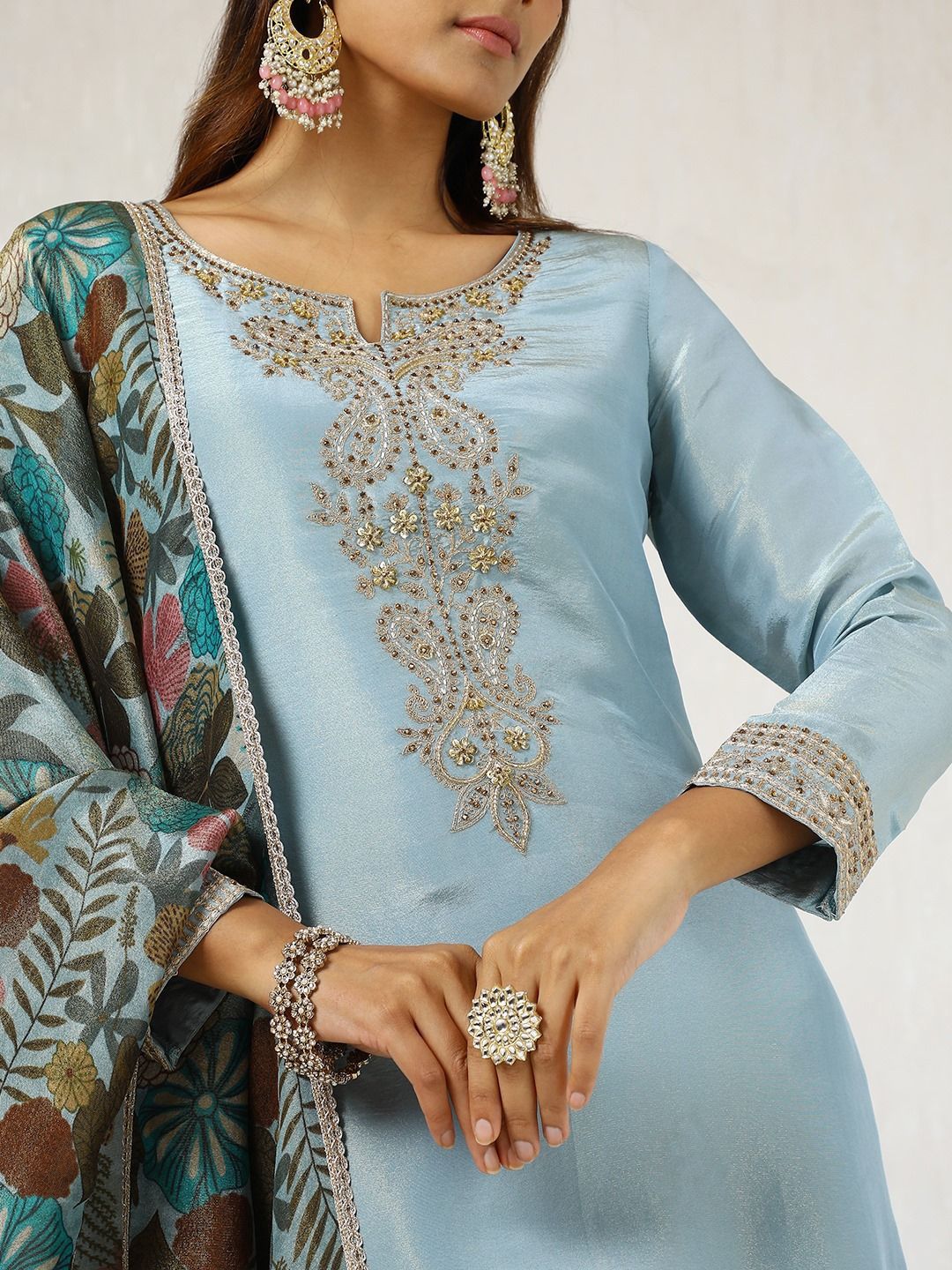 Dhiyona SO Women's Blue Paisley Embroidered Regular Beads Work Tissue Straight Kurta & Palazzo & Dupatta