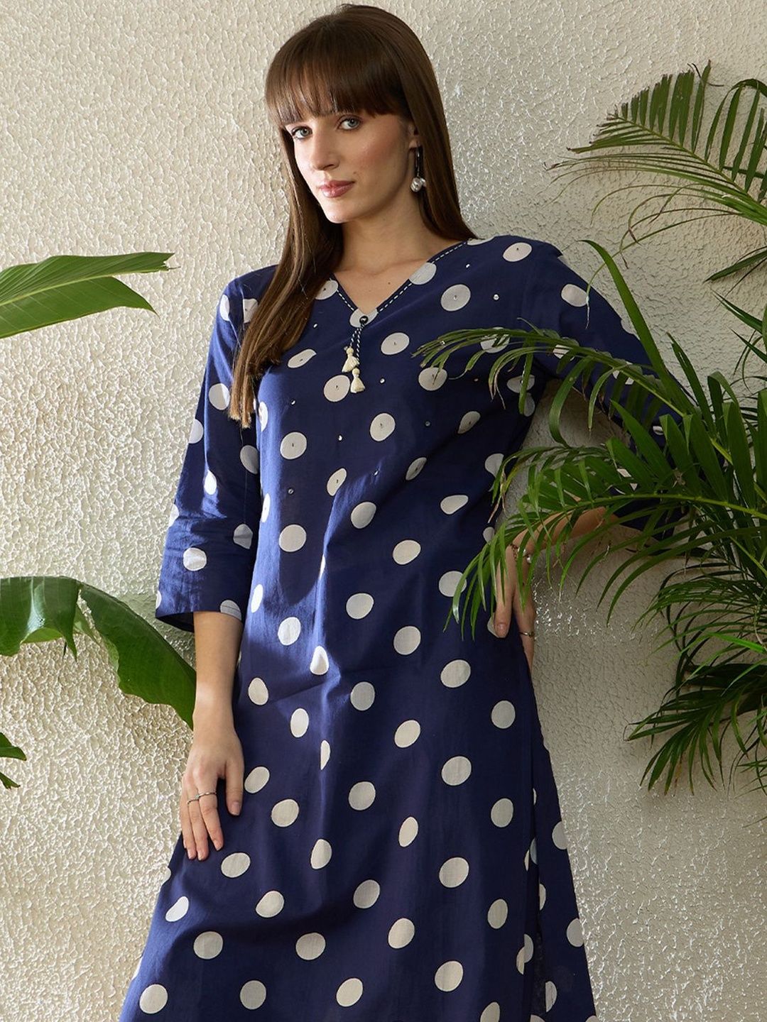 Dhiyona IE Printed V-Neck Three-Quarter Sleeves Pure Cotton Tunic And Trousers