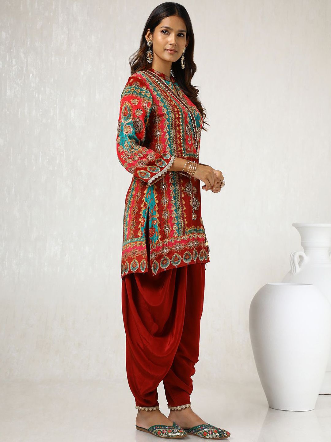 Dhiyona SO Women's Ethnic Motifs Printed Sequinned A Line Kurta with Dhoti Pants