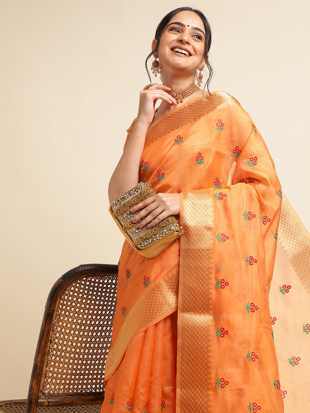 Dhiyona GR Women's Jasmin Orange Cotton Silk Saree