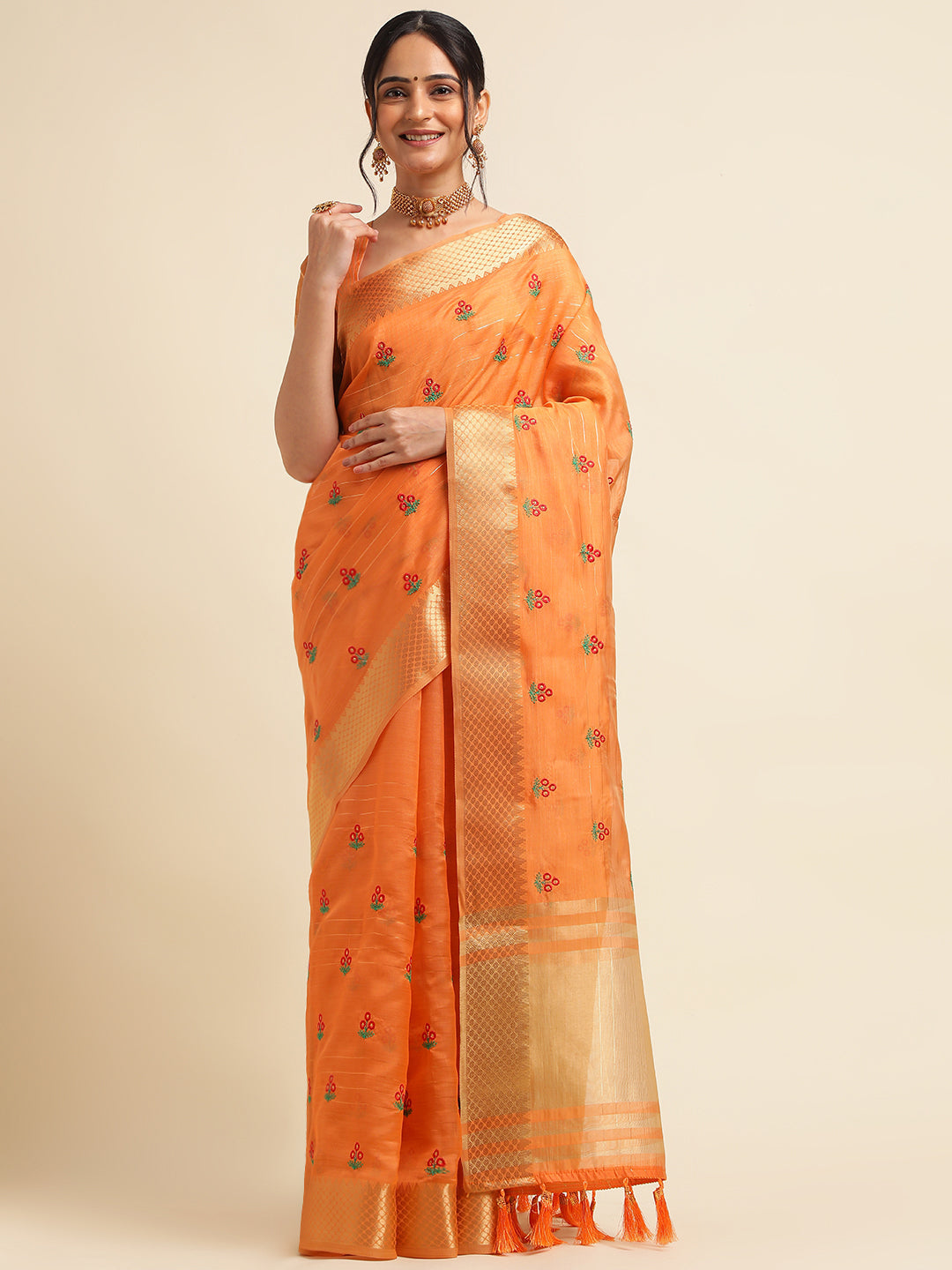 Dhiyona GR Women's Jasmin Orange Cotton Silk Saree
