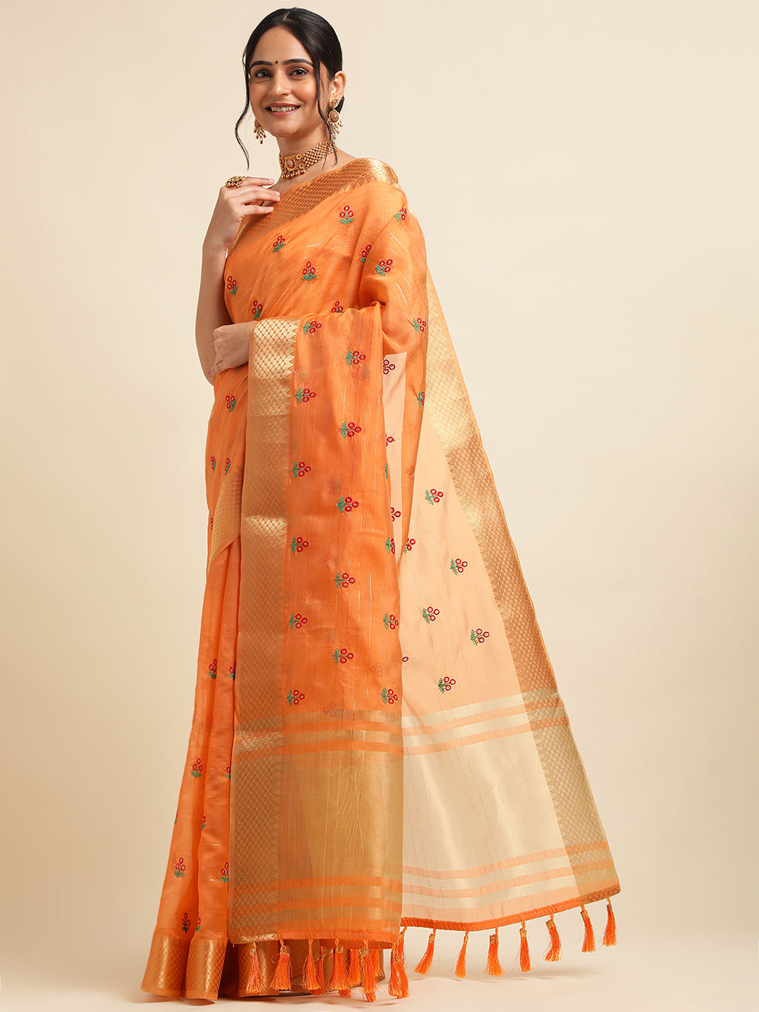 Dhiyona GR Women's Jasmin Orange Cotton Silk Saree