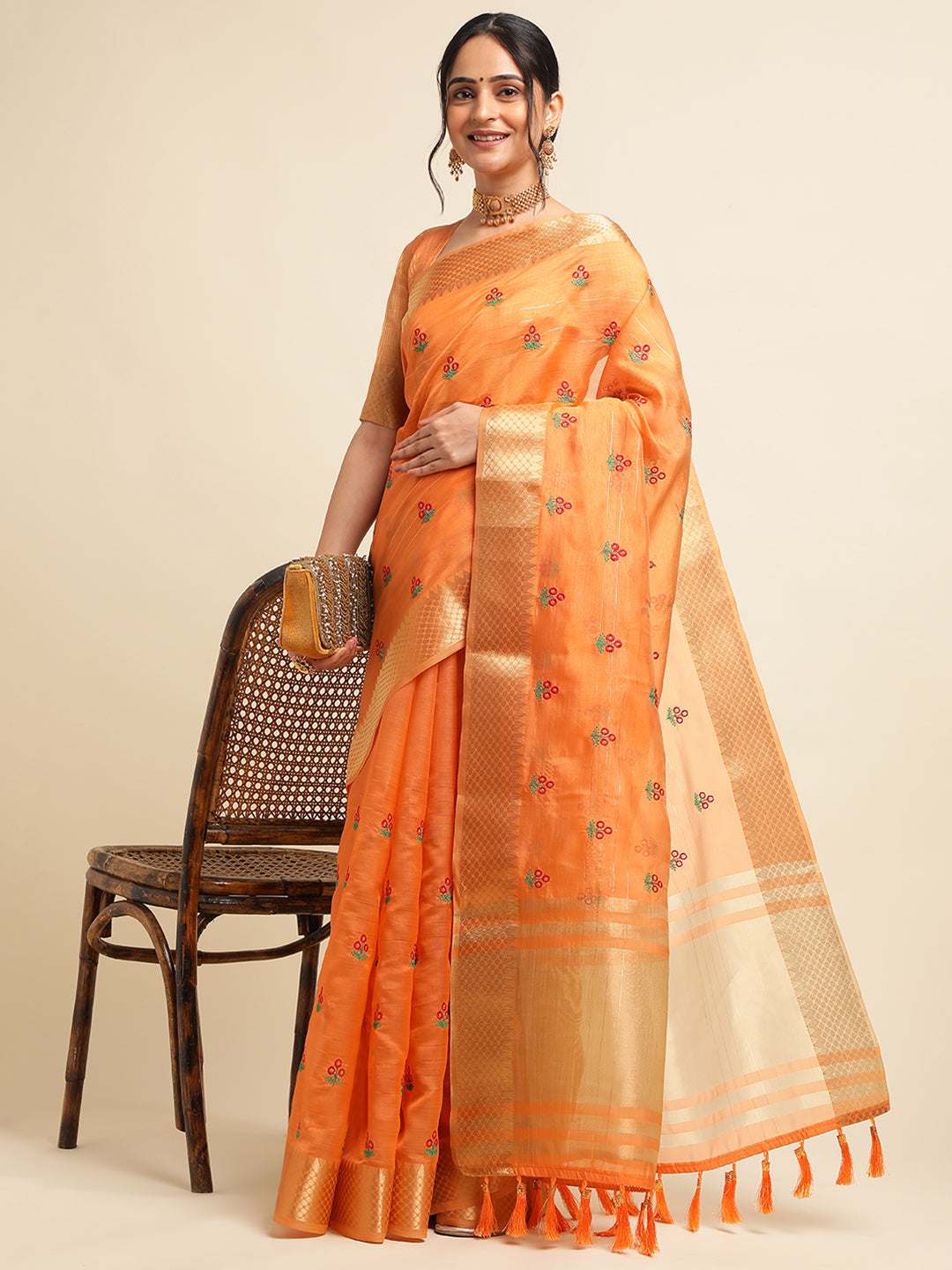 Dhiyona GR Women's Jasmin Orange Cotton Silk Saree