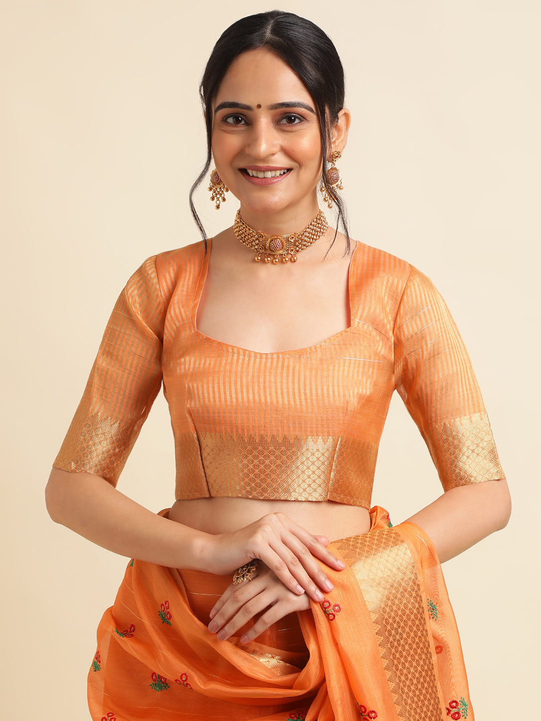 Dhiyona GR Women's Jasmin Orange Cotton Silk Saree