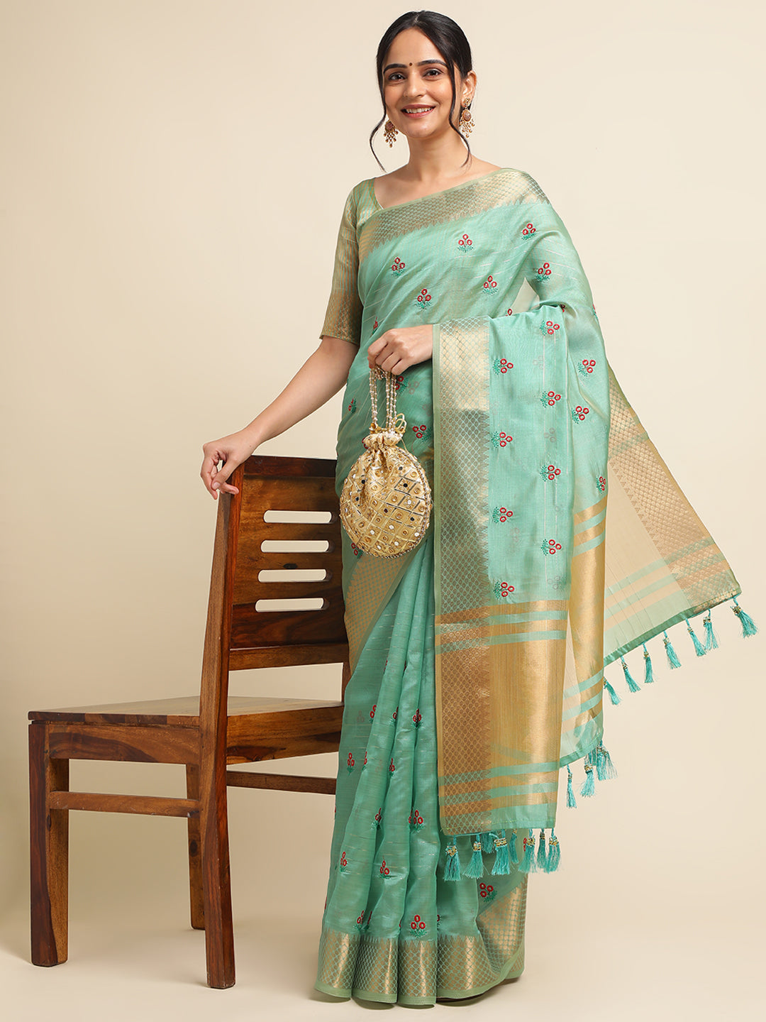 Dhiyona GR Women's Jasmin Turquoise Cotton Silk Saree