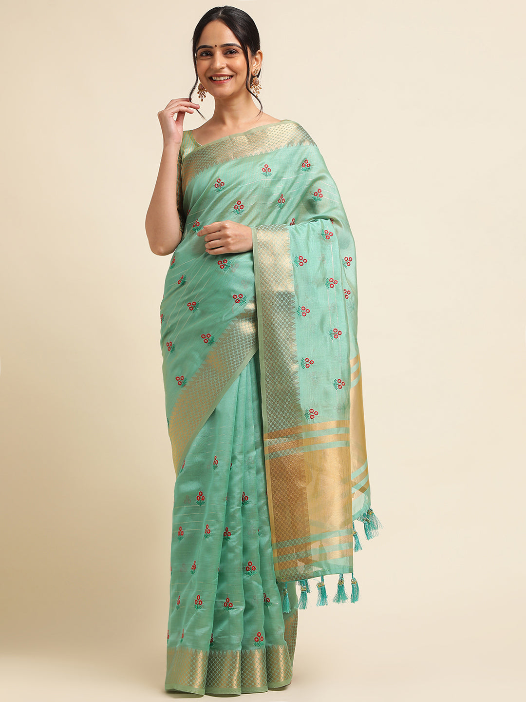 Dhiyona GR Women's Jasmin Turquoise Cotton Silk Saree