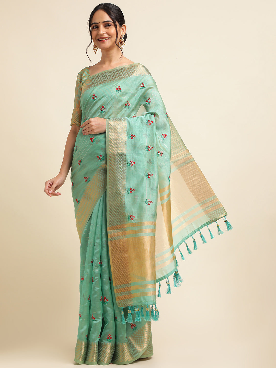 Dhiyona GR Women's Jasmin Turquoise Cotton Silk Saree