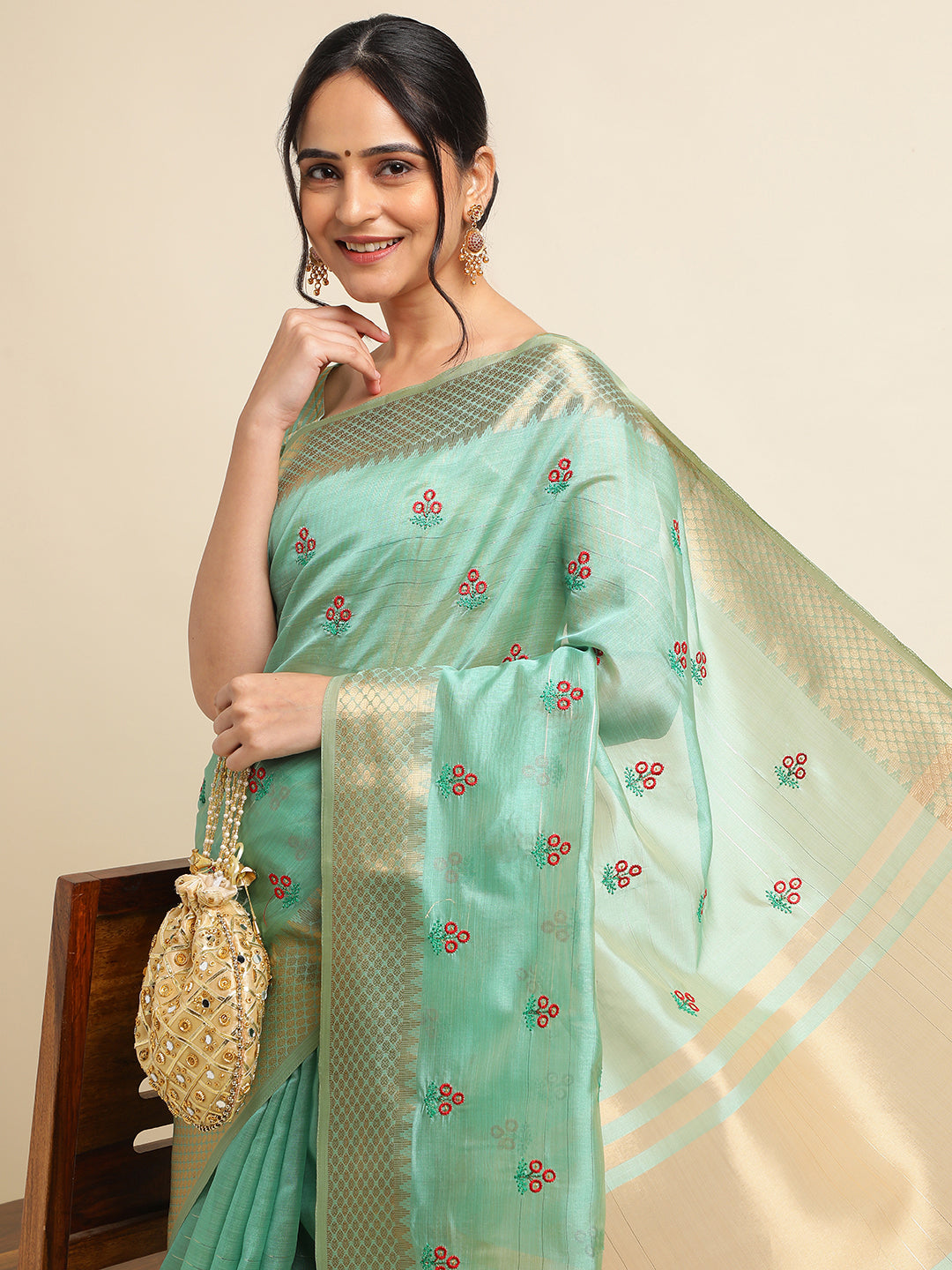 Dhiyona GR Women's Jasmin Turquoise Cotton Silk Saree
