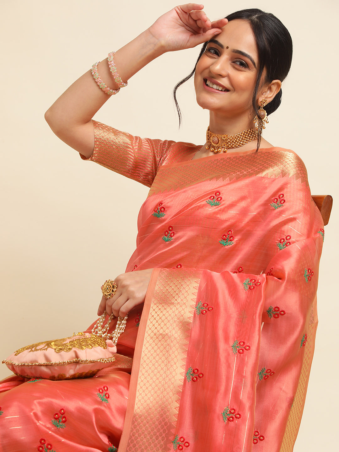 Dhiyona GR Women's Jasmin Red Cotton Silk Saree