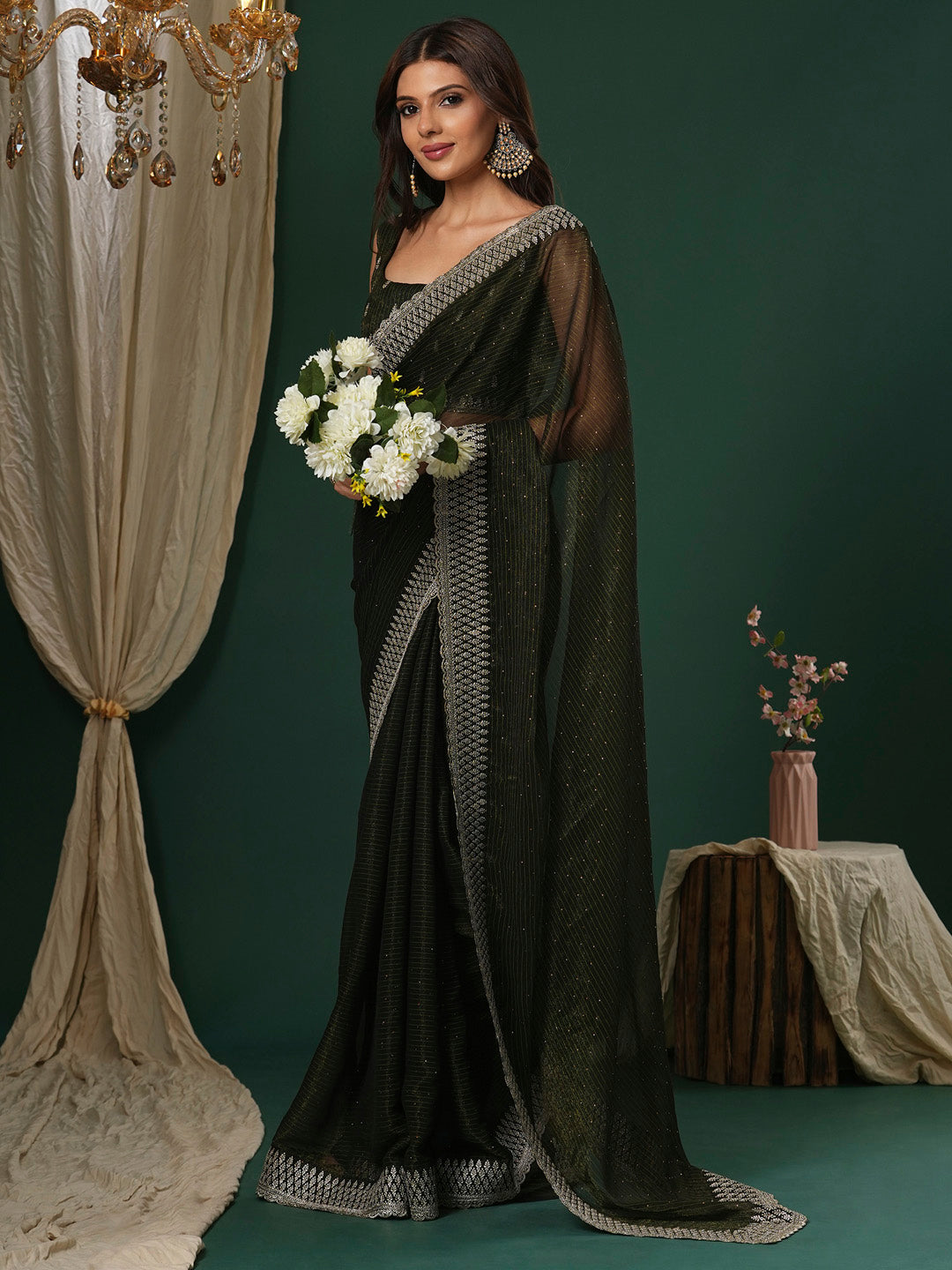 Women's Georgette Olive Embroidered Designer Saree With Blouse Piece