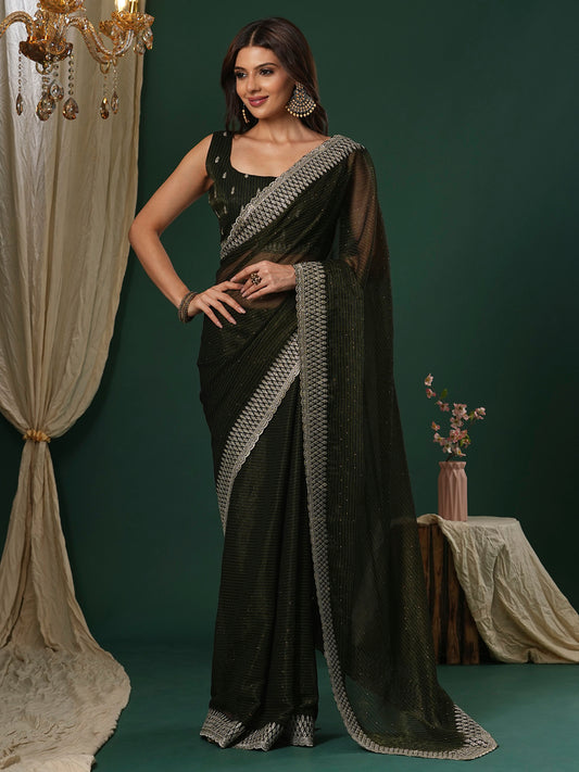 Women's Georgette Olive Embroidered Designer Saree With Blouse Piece