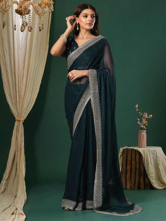 Women's Georgette Teal blue Embroidered Designer Saree With Blouse Piece