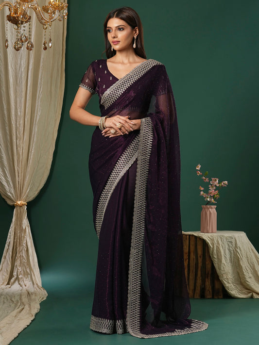 Women's Georgette Magenta Embroidered Designer Saree With Blouse Piece