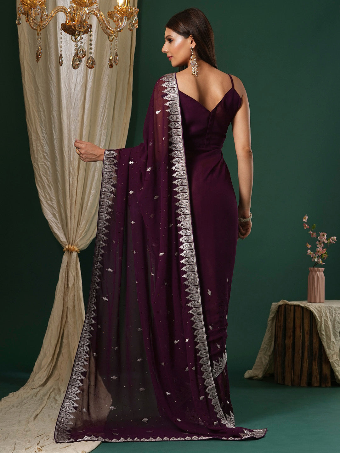 Women's Georgette Magenta Embroidered Designer Saree With Blouse Piece