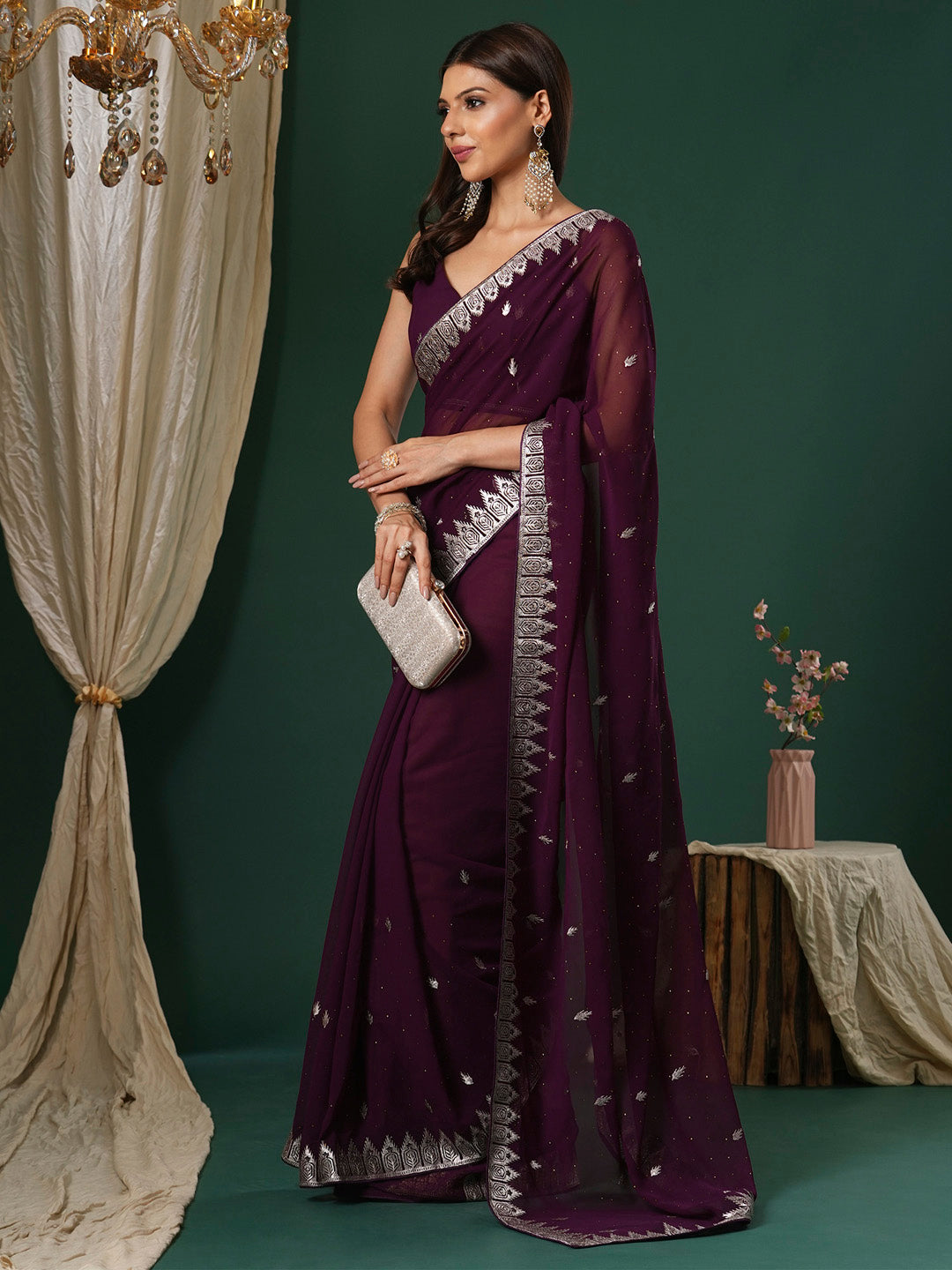 Women's Georgette Magenta Embroidered Designer Saree With Blouse Piece