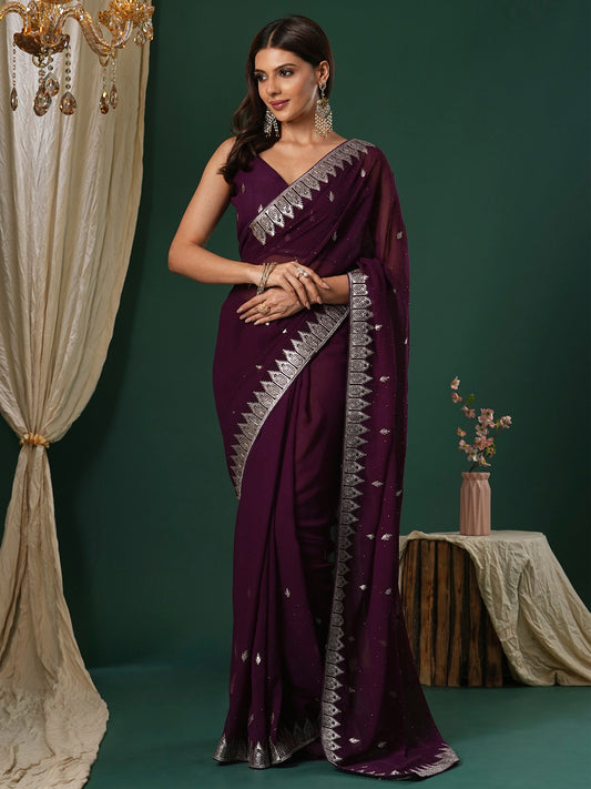 Women's Georgette Magenta Embroidered Designer Saree With Blouse Piece