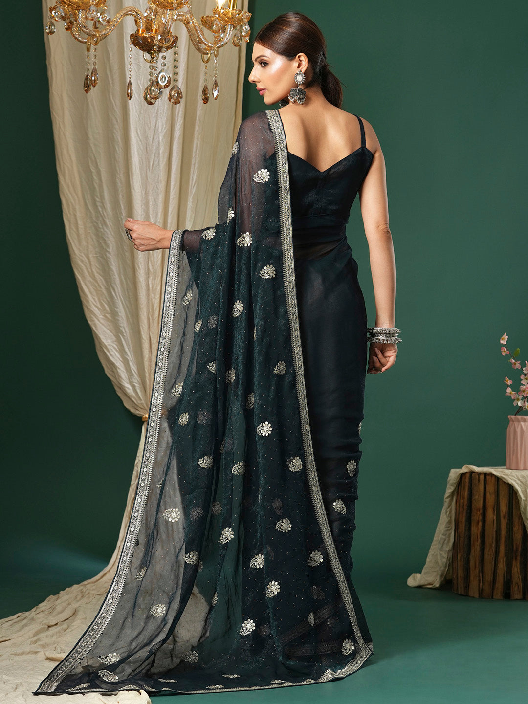 Women's Georgette Teal green Embroidered Designer Saree With Blouse Piece