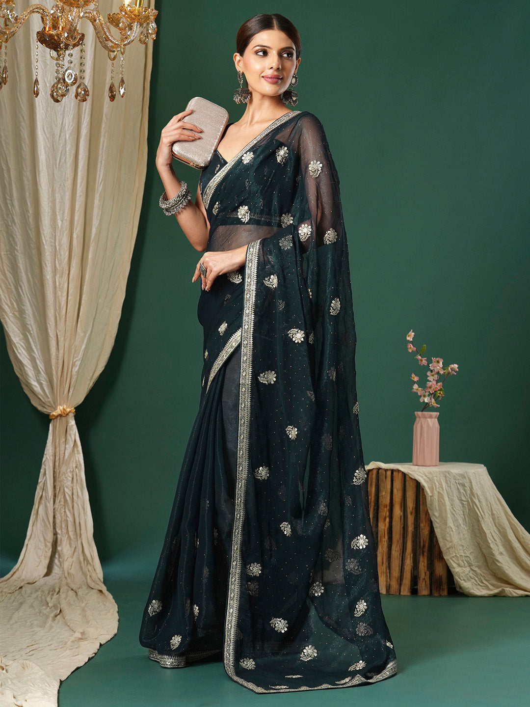 Women's Georgette Teal green Embroidered Designer Saree With Blouse Piece