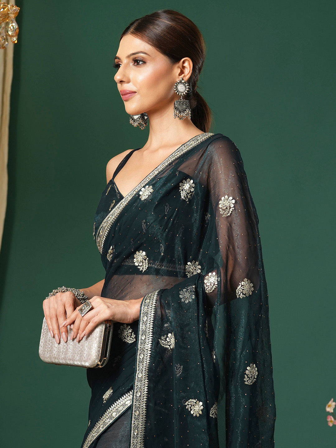 Women's Georgette Teal green Embroidered Designer Saree With Blouse Piece