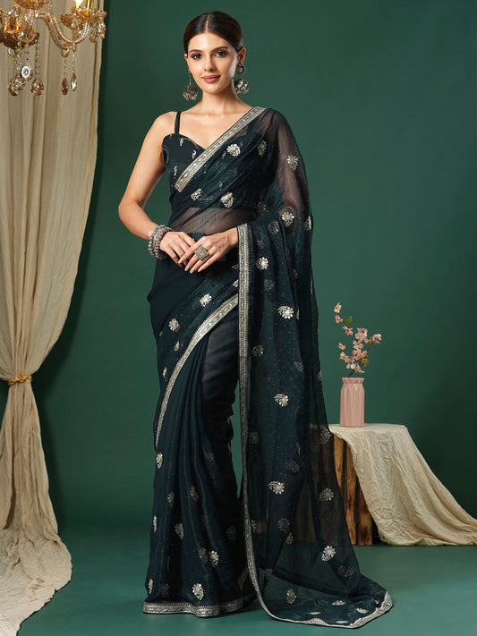 Women's Georgette Teal green Embroidered Designer Saree With Blouse Piece