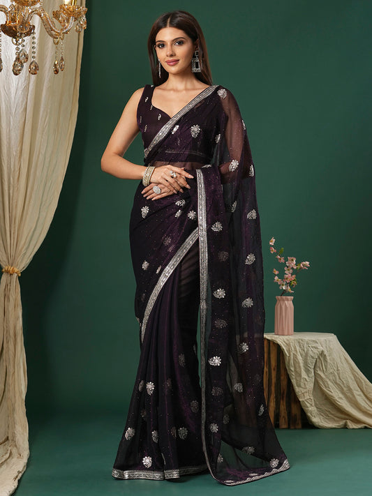 Women's Georgette Purple Embroidered Designer Saree With Blouse Piece