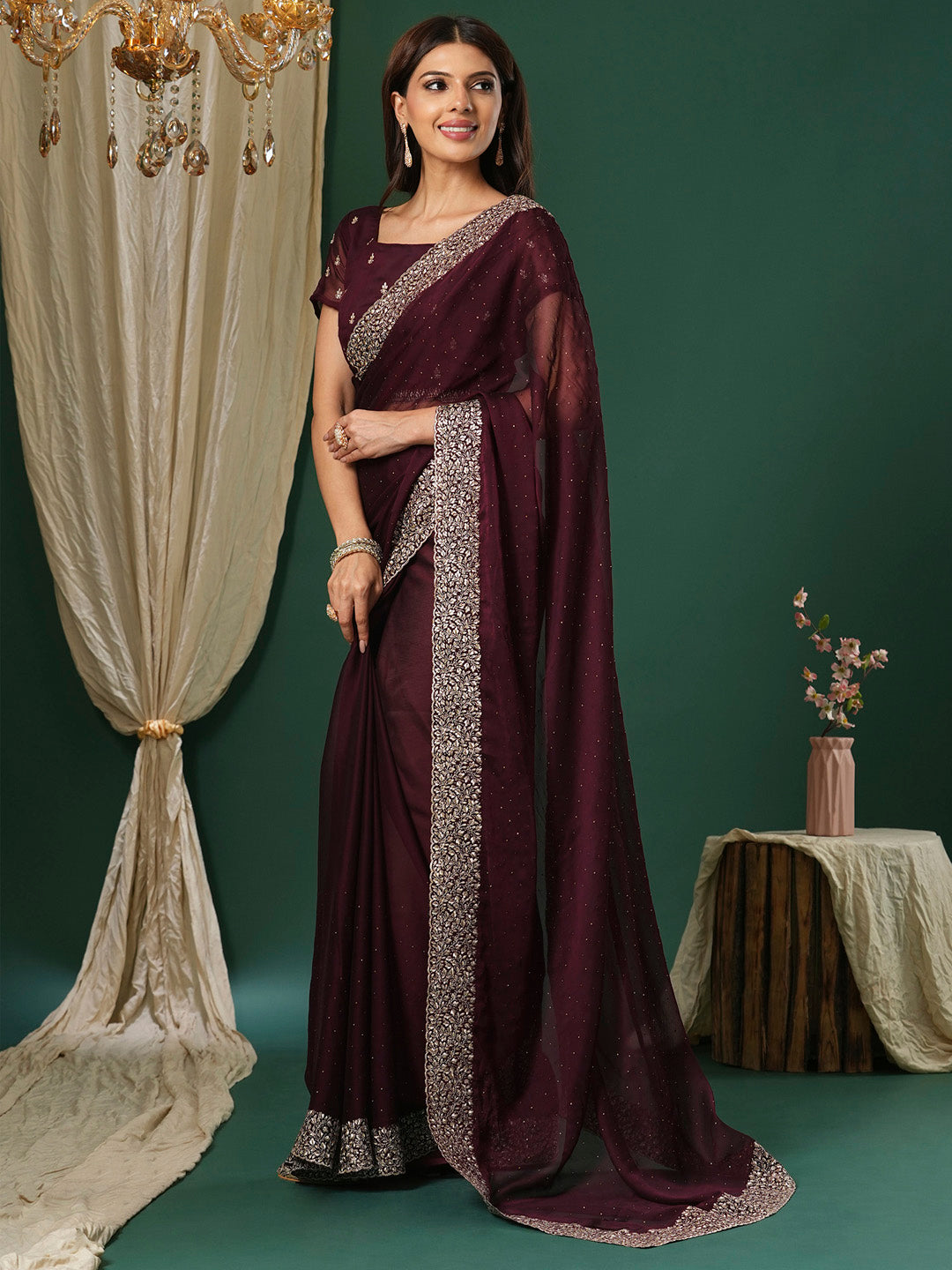 Women's Chiffon Magenta Embroidered Designer Saree With Blouse Piece