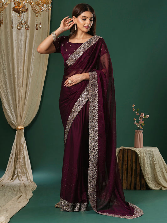 Women's Chiffon Magenta Embroidered Designer Saree With Blouse Piece