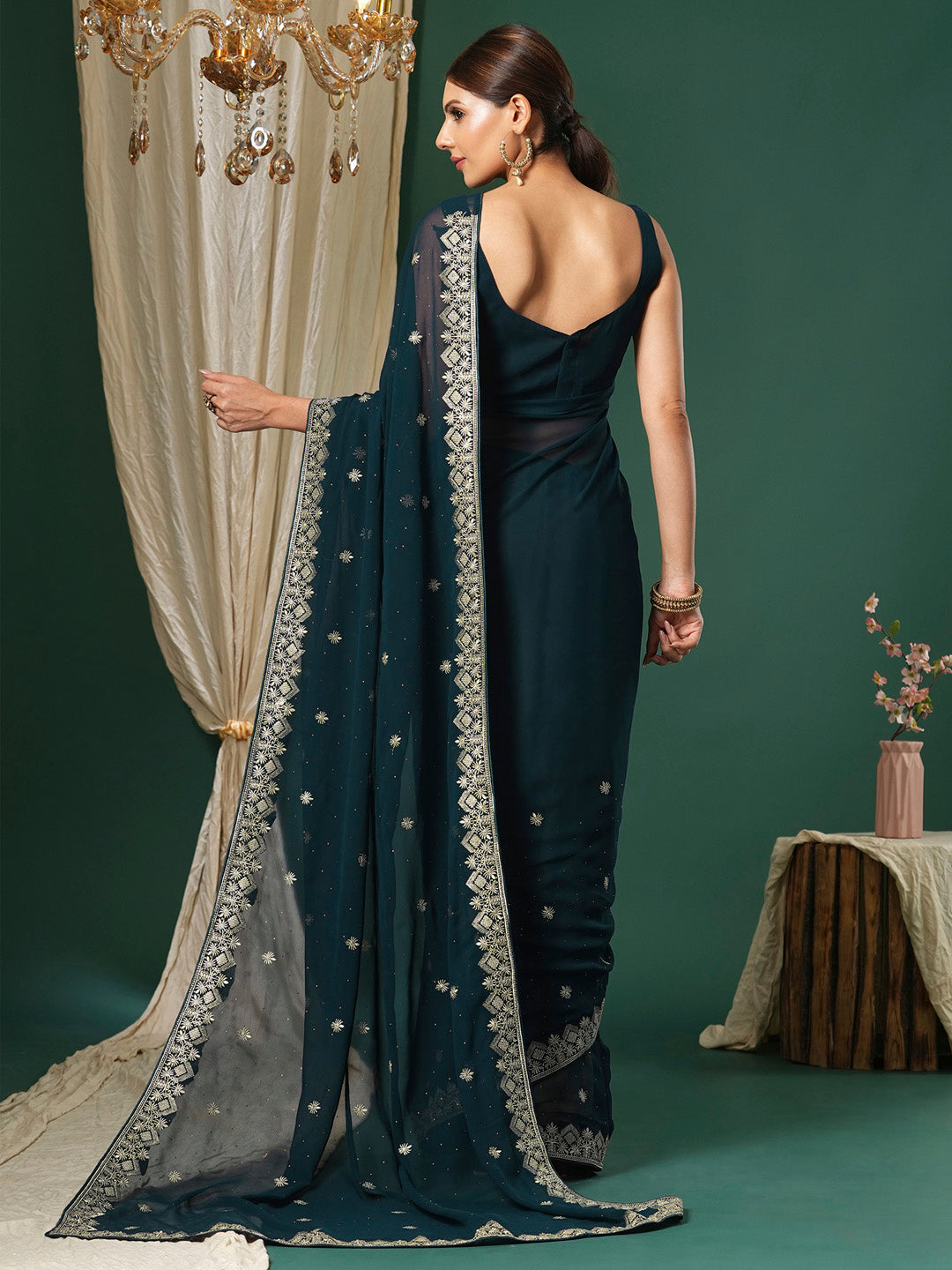 Women's Georgette Teal blue Embroidered Designer Saree With Blouse Piece