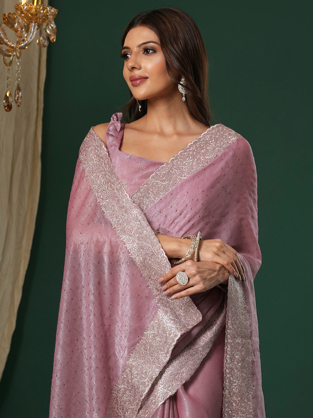 Women's Organza Mauve Embroidered Designer Saree With Blouse Piece