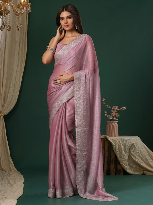 Women's Organza Mauve Embroidered Designer Saree With Blouse Piece