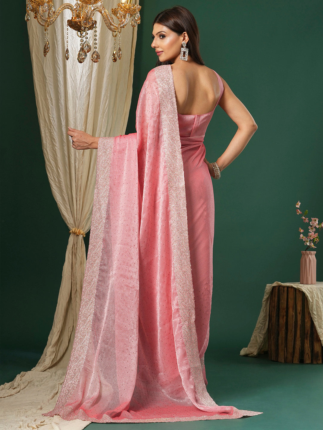 Women's Organza Pink Embroidered Designer Saree With Blouse Piece