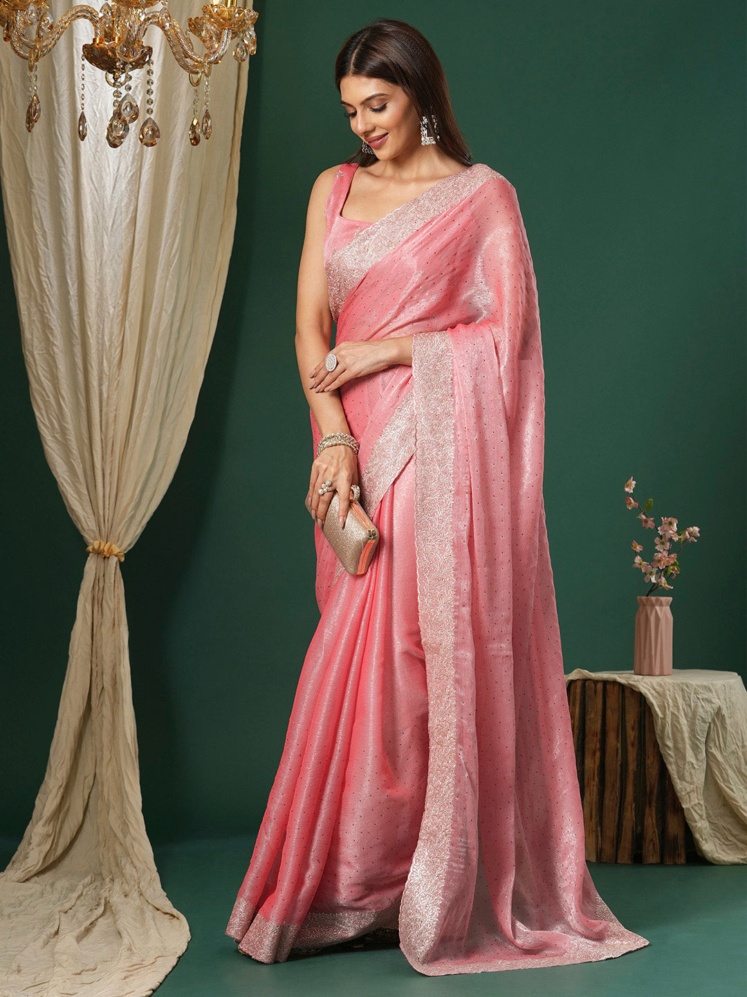 Women's Organza Pink Embroidered Designer Saree With Blouse Piece