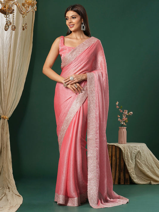 Women's Organza Pink Embroidered Designer Saree With Blouse Piece
