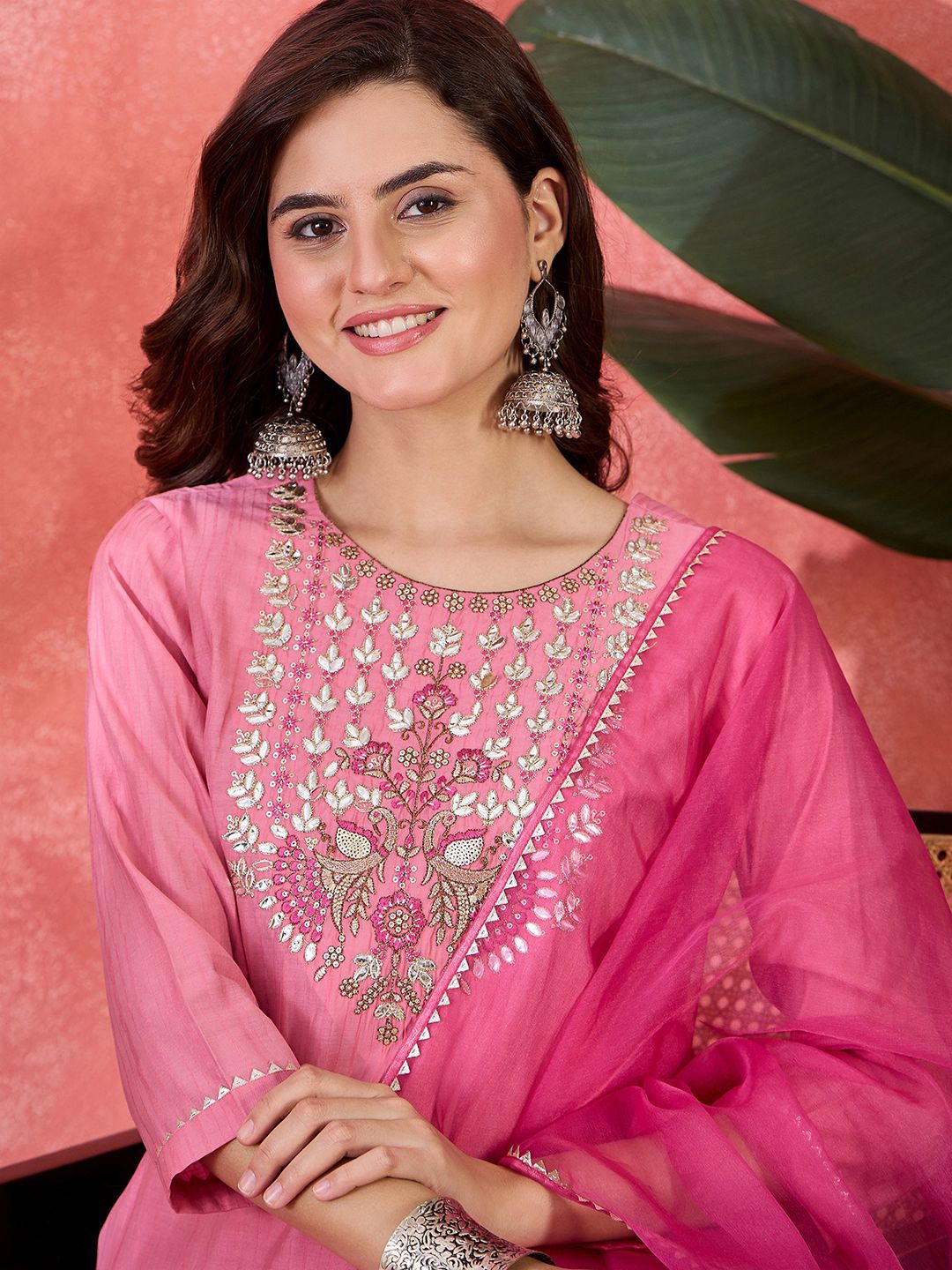 Dhiyona SN Women's Zari Sequin & Mirror Work Embroidered Straight Kurta & Trousers With Dupatta