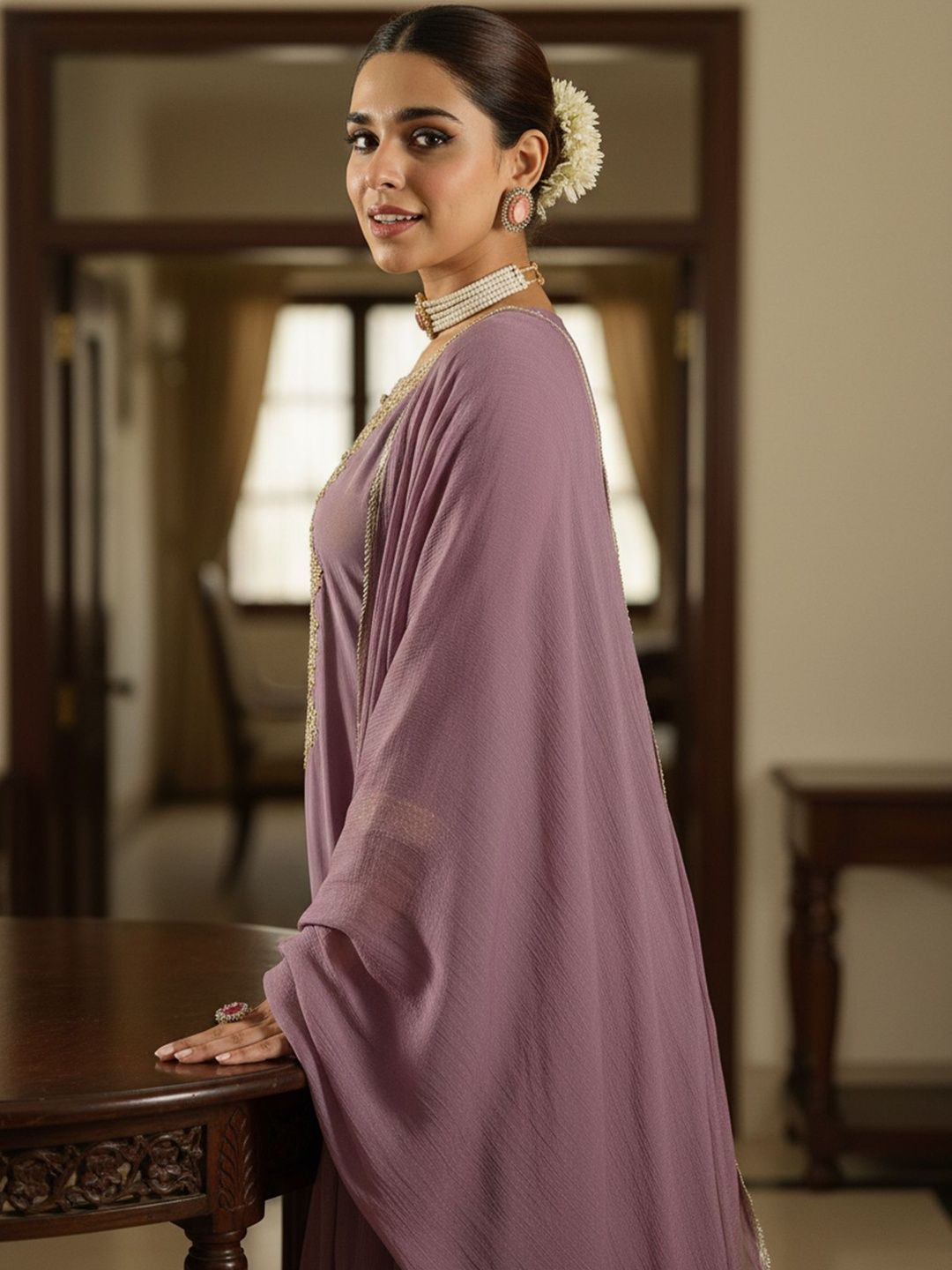 Floral Embroidered Thread Work Straight Kurta With Trouser & Dupatta