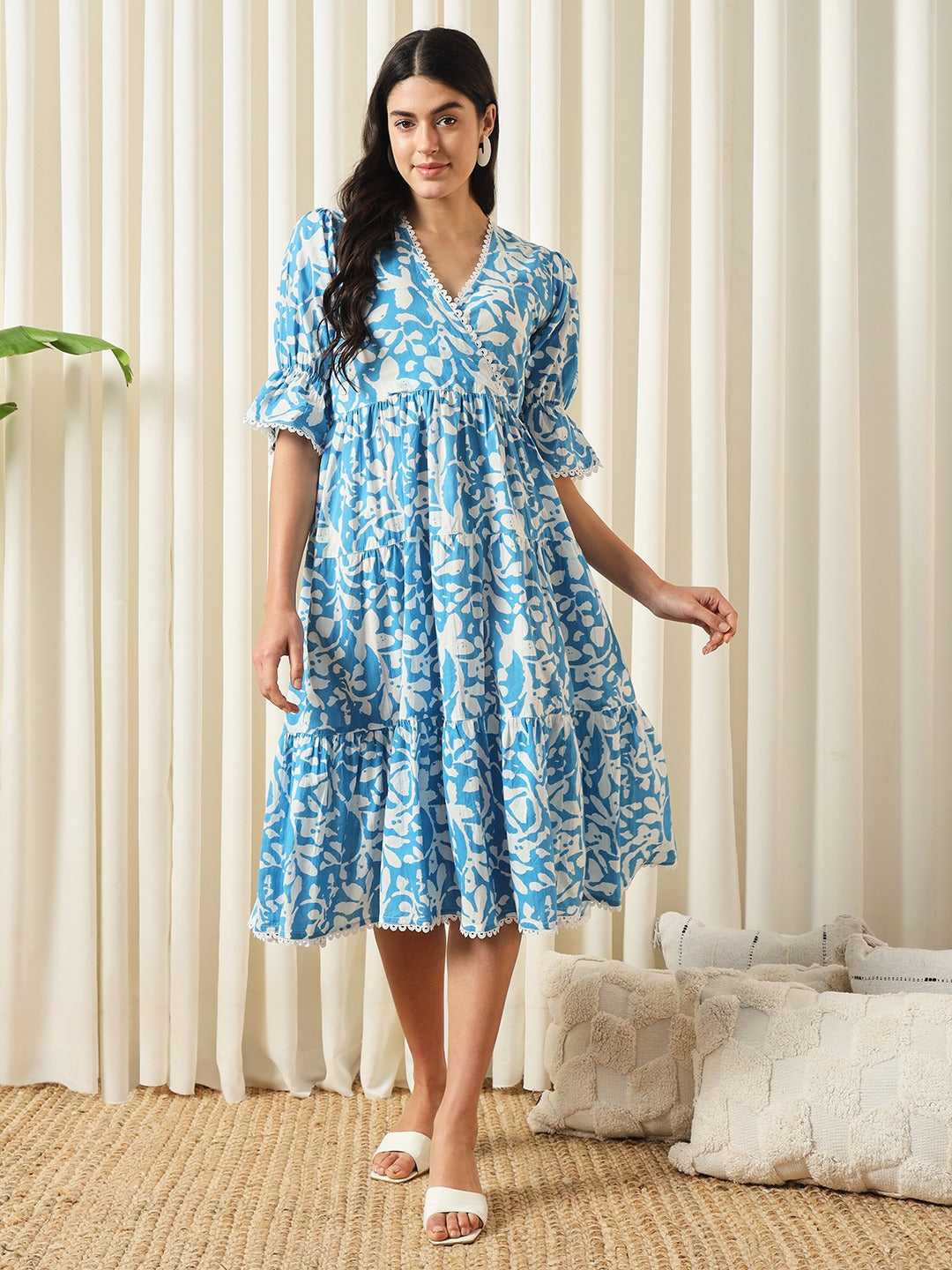 Buda Jeans Co Women Floral Print V-Neck Tiered Flowy Frock Goa Dress For Women (Blue, S) Buda Jeans Co Women Floral Print V-Neck Tiered Flowy Frock Goa Dress For Women (Blue, S)