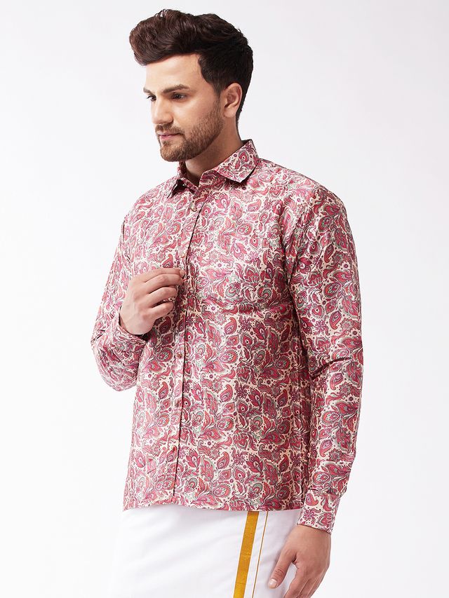 Men's MulticolorBasePink Silk Blend Straight Shirt And Mundu