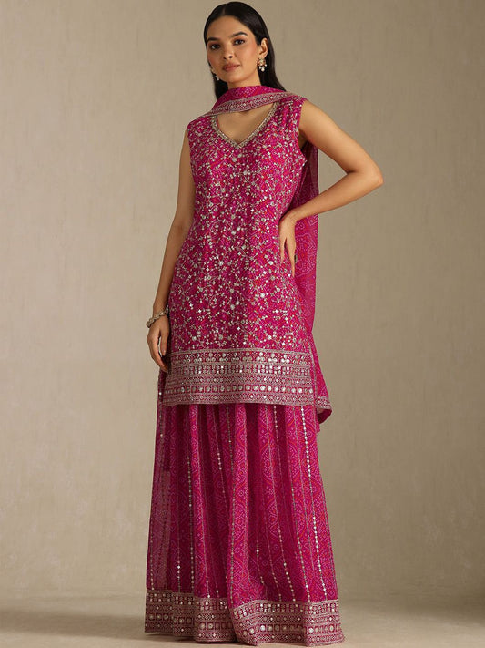 Dhiyona SO Women's Women Bandhani Embroidered Kurta with Sharara & Dupatta