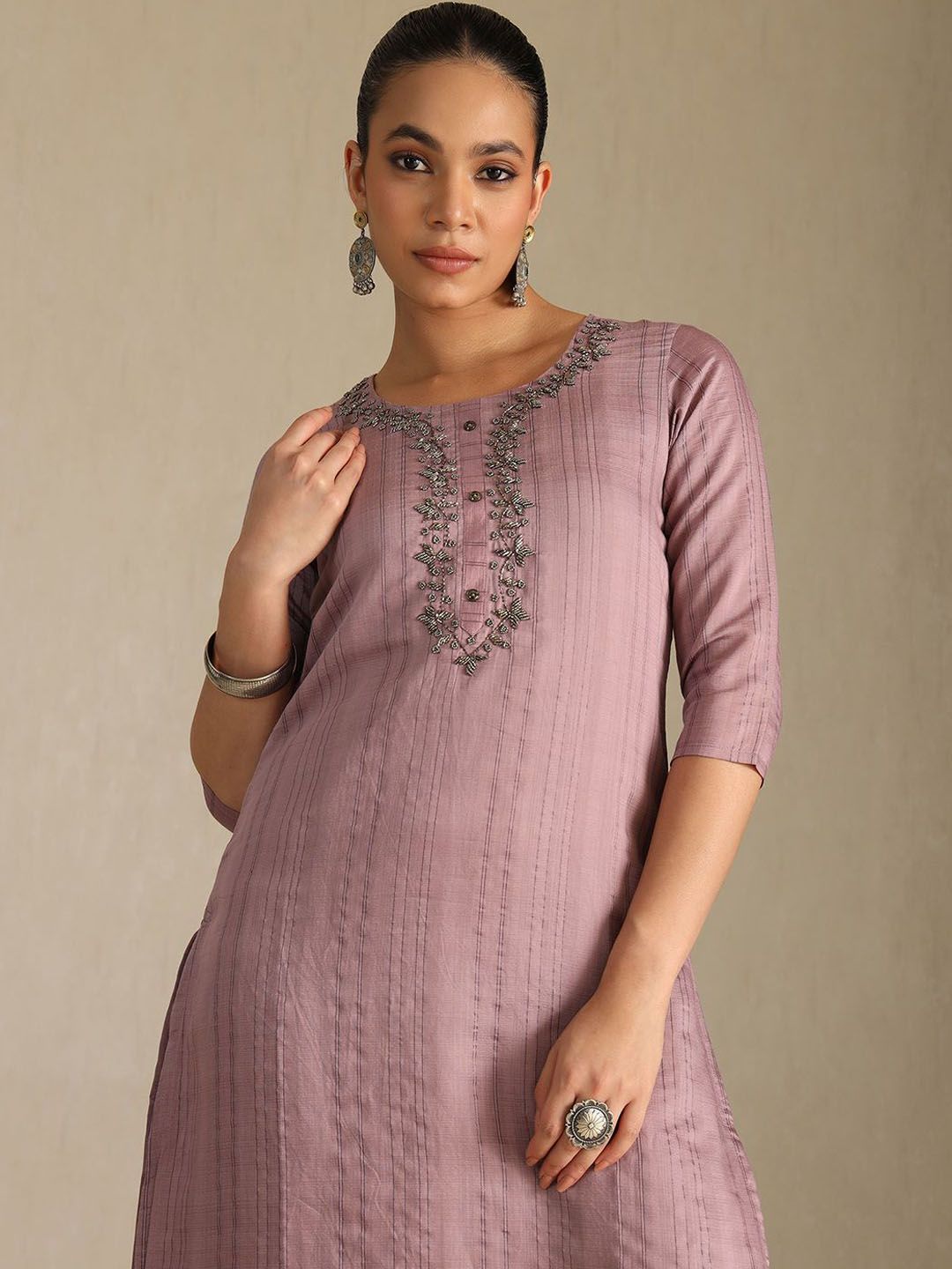 Dhiyona SO Women's Striped Beads and Stones Straight Kurta with Trouser