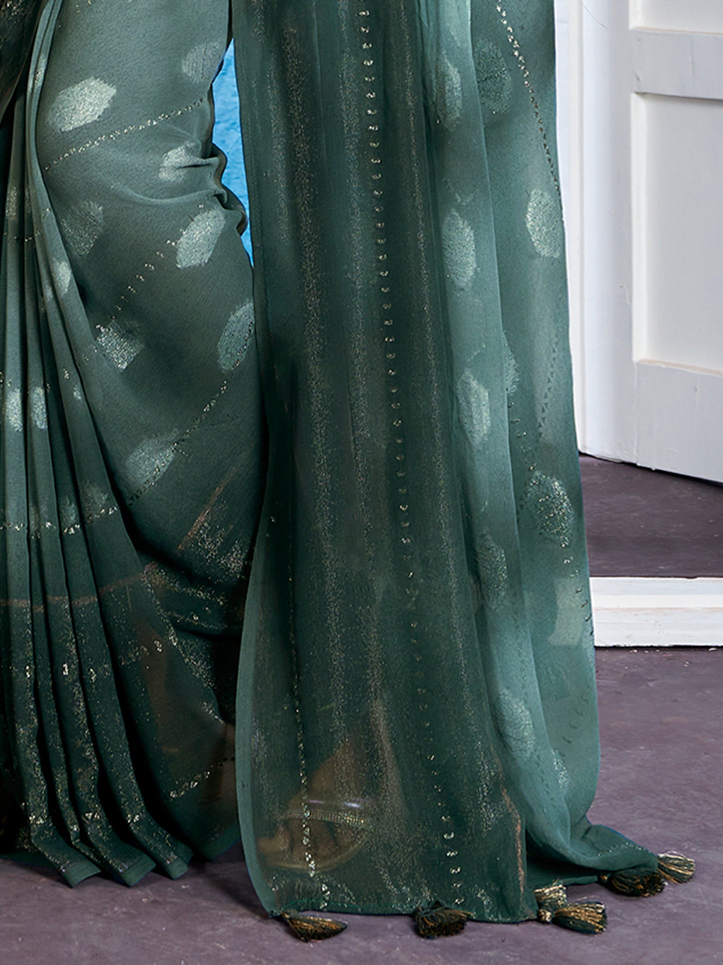 Women's Georgette Teal green Printed Designer Saree With Blouse Piece