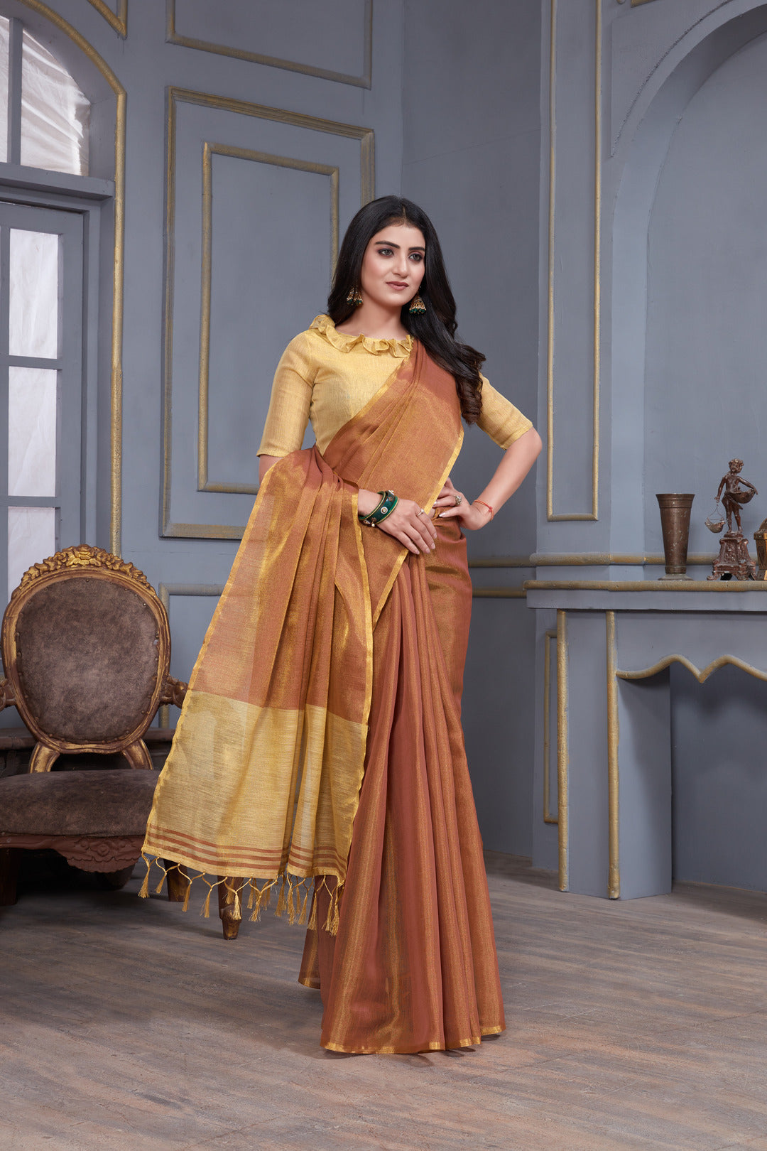 Dhiyona GR Women's Jheel Dusty Mauve & Gold Zari Woven Design Linen Jacquard Saree