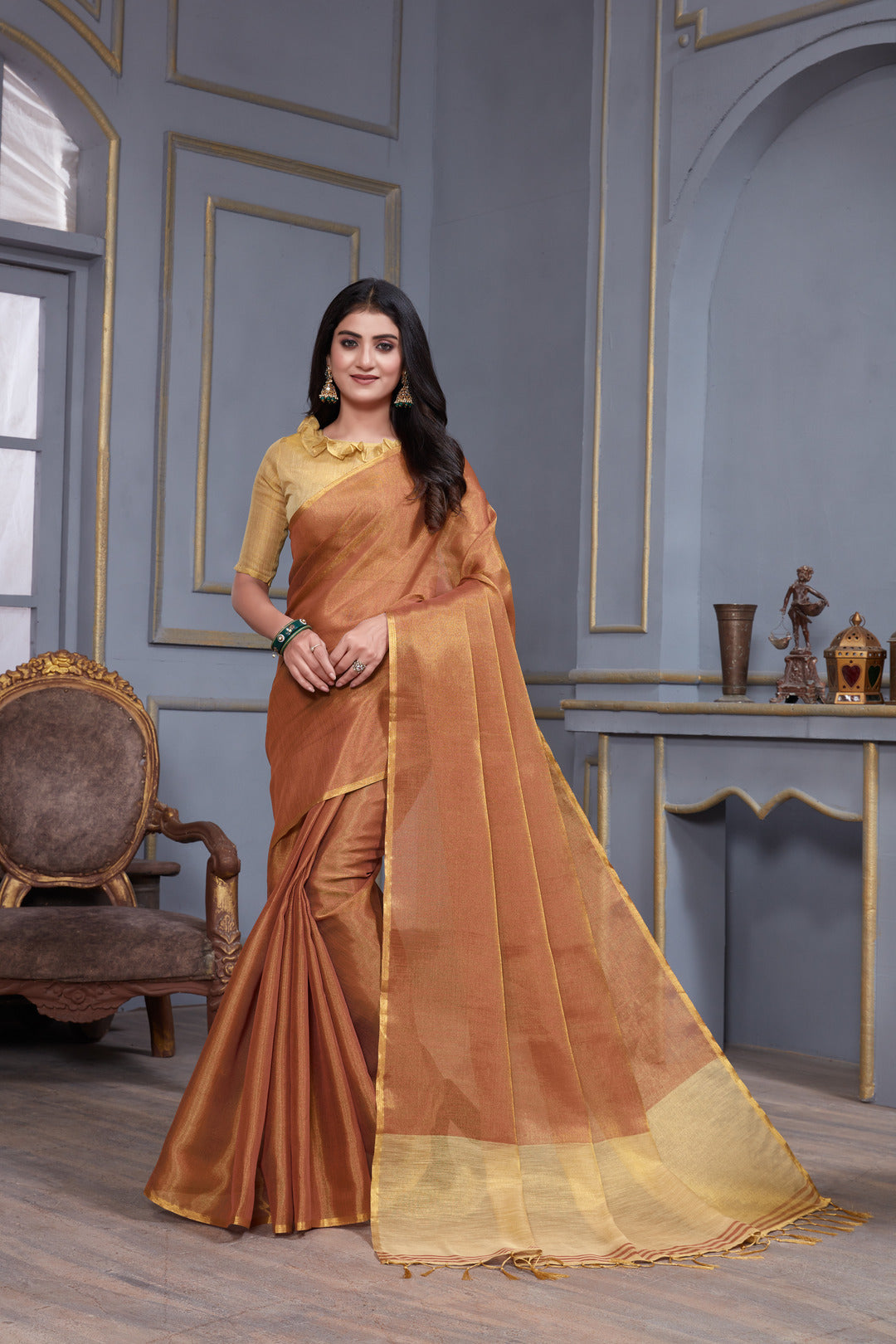 Dhiyona GR Women's Jheel Dusty Mauve & Gold Zari Woven Design Linen Jacquard Saree